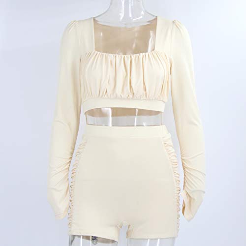 Ohvera Women\'s 2 Piece Outfits Square Neck Ruched Long Sleeves Crop Top Shorts Tracksuit Sets Nude Medium