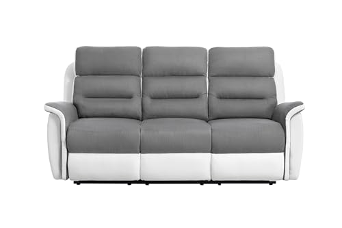 LOUNGITUDE - Canapé 3 Places de Relaxation Manuel en Microfibre et Simili - Blanc/Gris