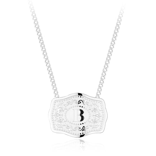 Holylegend Rhodium-Plated Initial Letter Pendant Necklace with Embossed Belt Buckle, Western Cowgirl Initial Necklace for Women, Buy 1 Get 4 Chains, Personalized Jewelry Gift for Women and Men