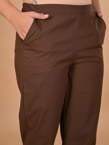 Image of D K W Women's Mid Rise Relaxed Fit Cotton Flex Trousers with Elastic Back & Drawstring - Ideal for Winter, Formal, Office & Casual Wear, Comfortable for Girls and Women