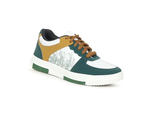Image of Men's Sneakers, White and Green, Lace-Up, Dragon Print, Low-Top Casual Shoes