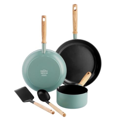 GreenPan Mayflower Juego de 5 Baterías de Cerámica Antiadherente, Incluye Sartenes, Cazuelas y Utensilios de Nylon, Mango de Madera Vintage, Libre de PFAS, Inducción, Azul Ahumado