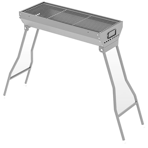 Parrilla portátil de carbón de acero inoxidable plegable para acampar al aire libre con malla de soporte para jardín, fiesta, picnic, viajes (largo 116.8 cm x ancho 27.9 cm x alto 73.7 cm)