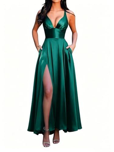 Onsoyours Robe Soirée Femme Élégante Epaule Denudée Longue Robe De Cocktail Cérémonie Taille Haute Sexy Col en V Fendue Maxi Robes Mariage B Vert XL