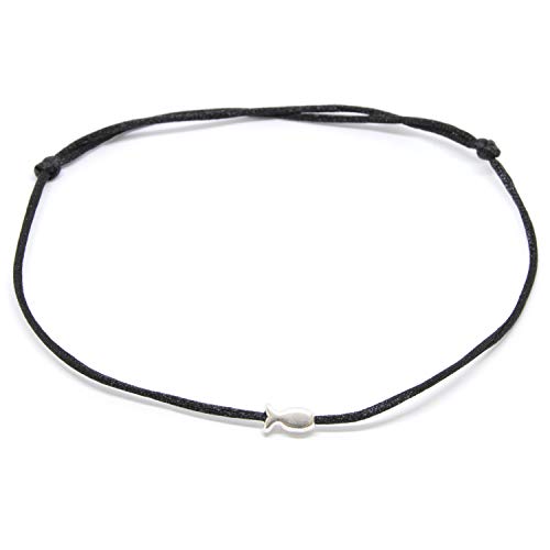 Preisvergleich Produktbild Selfmade Jewelry ® Fußkettchen Fisch Silber Schwarz - Satinband größenverstellbar Fusskette Fussbändchen mit Silberfarbenem Fischchen Handmade