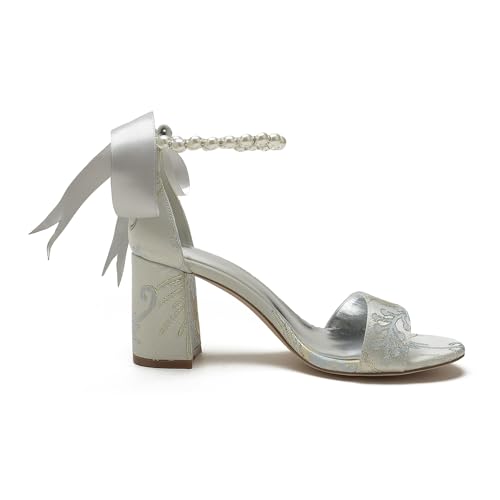 Women's Chunky Block Heel Pumps Open Toe Floral Satin Wedding Shoes for Bride Pearls Dress Shoes Heels3