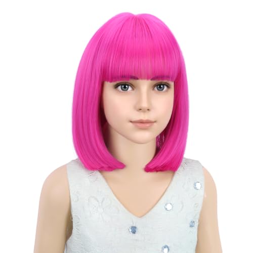 Image of PATTNIUM Hot Pink Wig for Kids Child Short Magenta Bob Wig Neon Pink Wig for Girls Cosplay Party Synthetic Rose Net Wigs