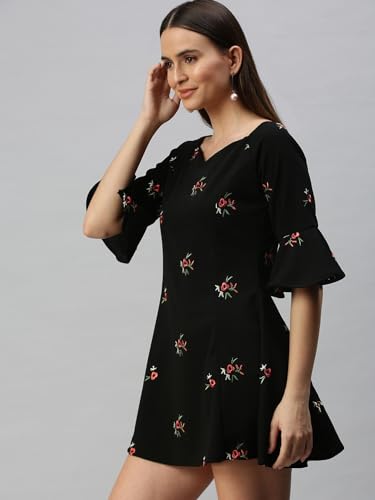 Image of SHOWOFFFF Women Solid Fit and Flare Casual Dress | Off Shoulder 3 /4th Sleeves Cotton Dress for Womens | Mini Dress for Women's