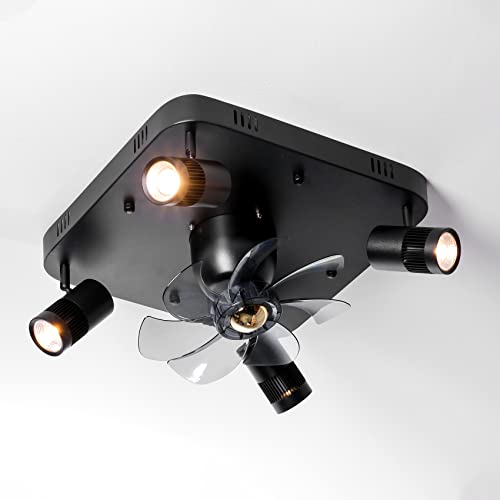 Flush Mount Ceiling Fans With Lights, Led Track Lighting Black, Modern Led Ceiling Fan Light For Kitchen Room, 6 Speed Oscillating Ceiling Fan With Reversible Blades, Timer And Led 12W*4 Bulb Included #TOP6