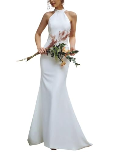 JAEDEN Damen Satin Meerjungfrau Brautkleider Hochzeitskleider Neckholder Schlichte Brautmode Rückenfrei Weiß 32