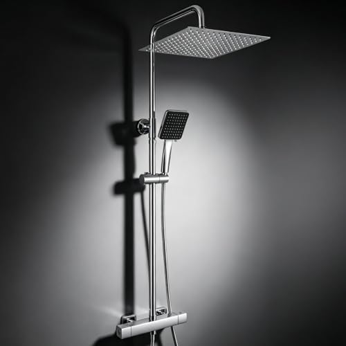 Auralum Thermostat Regendusche Komplettset Chrom Edelstahl Duscharmatur mit 30cm Überkopfbrause Höhenverstellbare Duschstange 88-124cm 6 Strahlarten Handbrause mit halterung Thermostat Duschsystem