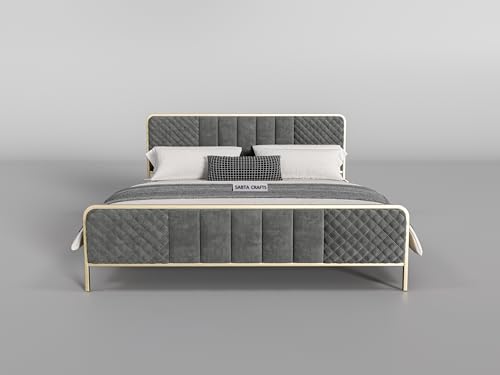 Image of Modern Upholstered King Size Bed for Bedroom | Metal Double Bed | Platform Cot Bed with Upholstery Premium Fabric | 6.5 x 6 Ft | Powder Coated Metal Bed | Grey