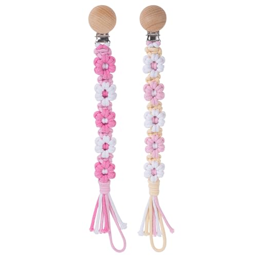 Image of Symbolife Pacifier Clip for Boys Girls Floral Daisy Macrame Baby Paci Clip Pacifier Holder Leash Boho Wooden Clips Handmade Braided Cotton Binky Clips (2pack:Pink Daisy × 2)