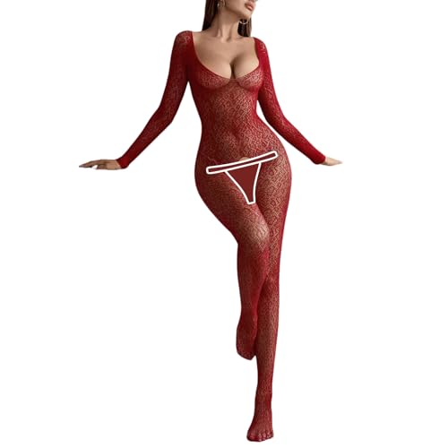 PARUPRUP Femme Sexy Léopard Bodystocking Maille Body Col en U Combinaison Manches Longues Collant Transparent (Rouge Vin)