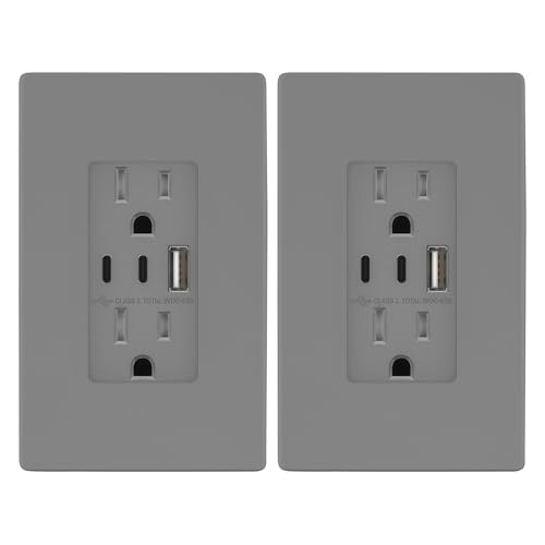 Image of TOPGREENER 4.2A 3-Port Type C USB Outlet, 15 Amp Receptacle Plug, Charging Power Outlet with Dual Type C&A Ports, Screwless Wall Plate Included, UL Listed, Residential Grade, Gray, 2 Pack