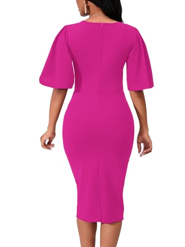 Image of Bdwinz Women's Basic Bodycon Ruffle Flared Short Sleeve Pencil Midi Dress