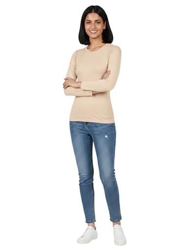 Image of HELGA Ivano Women's Organic Cotton Full Sleeve T-Shirt | Super Combed Cotton Rich | Plain Round Neck | Soft, Breathable, Eco-Friendly Casual Top for Everyday Wear
