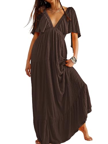 Image of Kikibell Women Summer Dresses Sexy V-Neck Maxi Dress Tiered Silhouette with Flutter Sleeve Backless Elastic Waist Flowy Dress