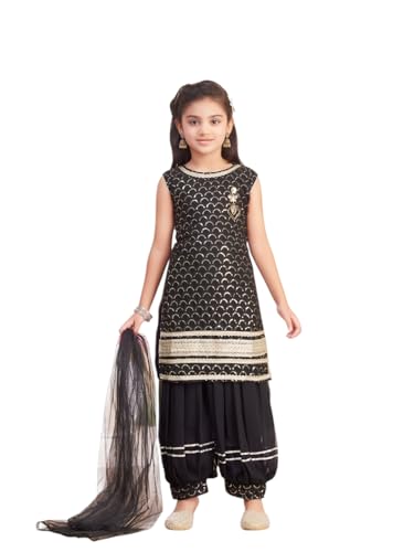 Aarika Girls Ethnic Wear Black Colour Sequin Embroidery/Lace Work Georgette Kurti Patiala Set With Dupatta