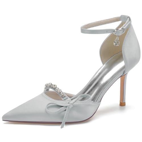 Womens Wedding Shoes Bridal Evening Party Dress Shoes Satin Ankle Strap Wedding Bride Party Shoes with Bow Rhinestone(Silver,7.5)