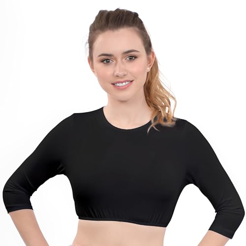 Kosher Casual Women's Modest High Neck Cropped Layering Shell - Cotton Spandex 3-4 Sleeve Base Pullover Top