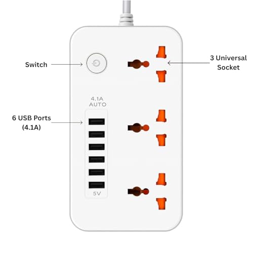 Image of Extension Board, Power Strip with 6 USB Ports and 3 Universal Socket, 2500W 10A Extension Cord, 3-Pin Surge Protector Power Strip for Home, Office, Computer, Mobile Charging (White-Z64)