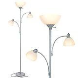 Brightech Sky Dome Double LED Floor lamp, Torchiere Super Bright Floor Lamp with 2 Reading Lamps for Living Rooms & Offices - Dimmable Tall Standing Lamp for Bedroom Reading - Tall Silver Pole