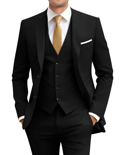 Image of Men's Slim Fit 3 Piece Suit Two Button Business Wedding Dress Tux Suit Set Jacket Vest Pants with Tie