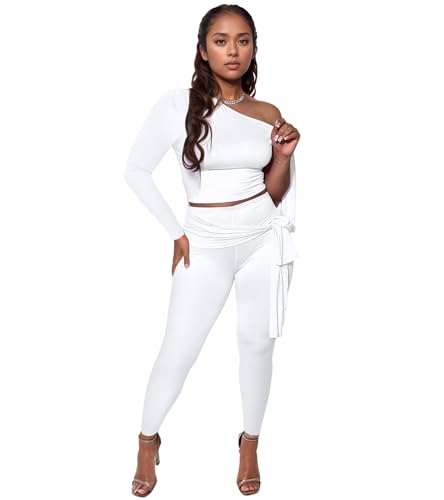 PORRCEY Women Sexy 2 Piece Single Sleeve Jumpsuit(X6011,White,L)