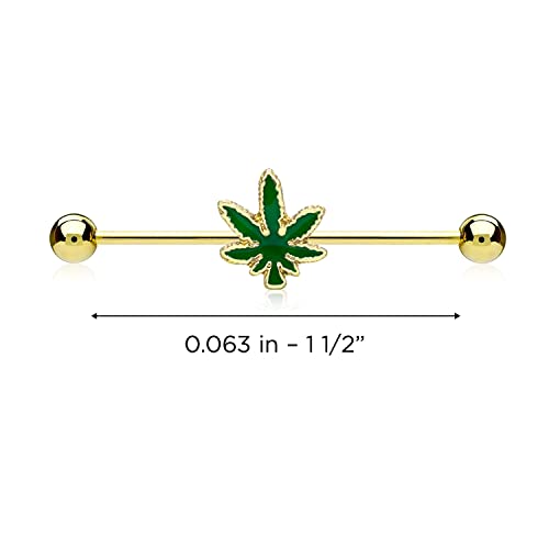 Pierce2Go Weed Industrial Barbell Bar Ear Piercing - 316L Surgical Grade Stainless Steel Anodized Gold Barbell Ear Piercing With Green Marijuana Leaf Pendant For Women And Men Unisex (Gold & Green) #TOP2