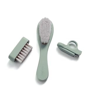 nouka Baby Grooming Kit Set | Ultra-Soft Natural Bristle Hair Brush, Nail Clippers & Nail Brush | Wood with Silicone Sleeve | Leaf