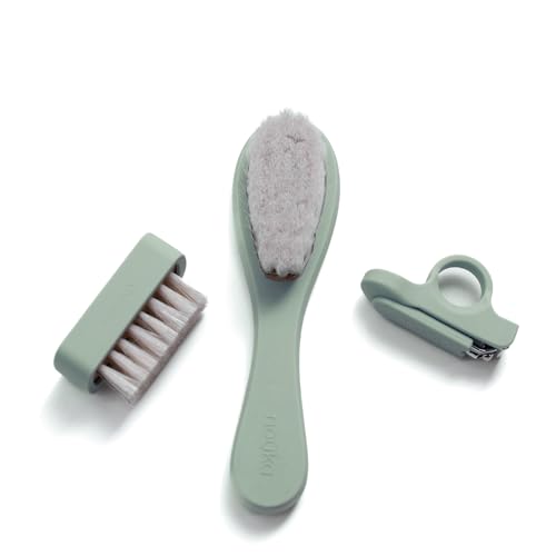 nouka Baby Grooming Kit Set | Ultra-Soft Natural Bristle Hair Brush, Nail Clippers & Nail Brush | Wood with Silicone Sleeve | Leaf