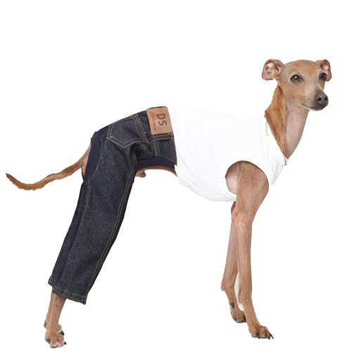 D Doggy Star Italian Greyhound Clothes Sleeveless Jeans Onesie Outfit Whippet for Dog Coat (M,Blue...