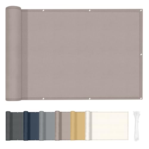 HENG FENG Frangivisto per Balcone 0.9x3m, 160g/㎡ PES Telo Balcone ringhiera,Protezione Privacy, Anti-UV, Impermeabile,Resistente al Vento, con Cinghie, Taupe