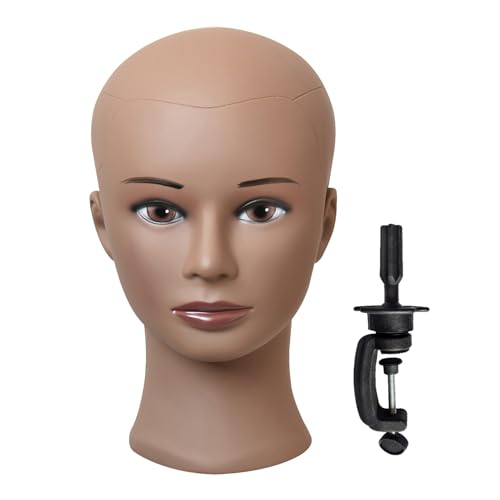 YANTAISIYU Bald Female Mannequin Head Professional Cosmetology Training Head for Wig Making and Display with Clamp Stand (Dark Brown)