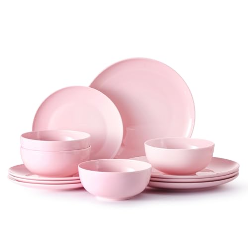 KINGSTONE 24-Piece Bone China Dinnerware Set for 8, Lightweight Porcelain Round Plates and Bowls Set, Durable Scratch Resistant Ceramic Dinner Set, Microwave & Dishwasher Safe, Sakura Pink by KINGSTONE - Used condition - US$103.66
