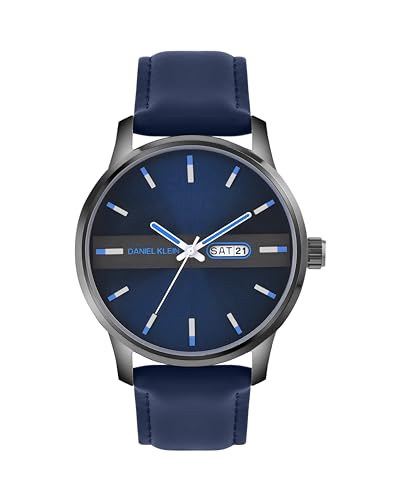 Image of Daniel Klein Navy Blue Leather Strap Day Dated Men's Analog Watch - DK.1.14024-2