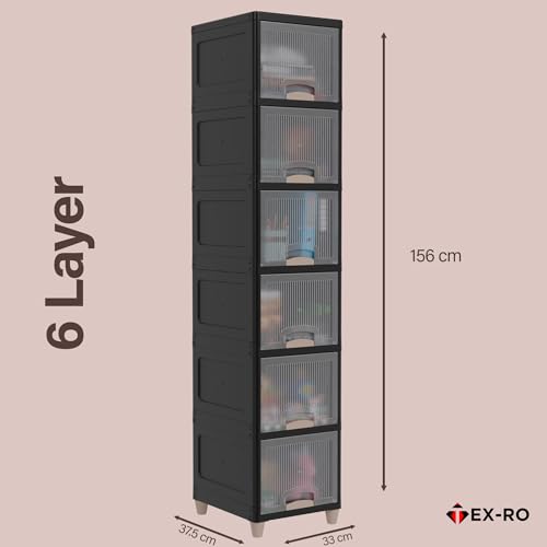 Image of TEX-RO 6XL Multipurpose Plastic Storage Cabinet with Drawers & Shelves| Wardrobe Organizer for Clothes | Toys & Books | Space-Saving Home Storage Cupboard | Black & Transparent