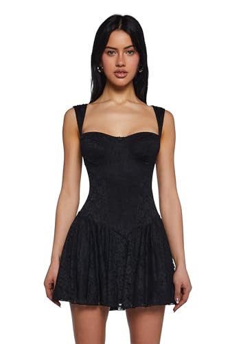 Dolls Kill Perfect Date Mini Dress by Sugar Thrillz – Lace Overlay Bustier Dress with Rosebud Detail and Flowy Skirt – Black, XX-Small