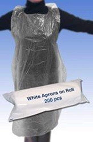 PACK OF 200 PREMIUM QUALITY Disposable Polythene Aprons On a Roll White PERFECT FOR EVERYDAY USE for Shops, Work Place, Hair Dresser, Restaurant, Clinic, School, ONE SIZE FITS ALL 69cm x 117cm