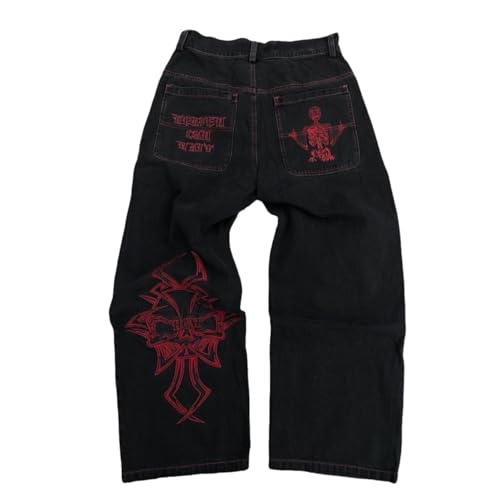 Y2K Jeans Men's Hip Hop Vintage Skull Embroidery Wash Denim Pants Gothic Straight Tube Loose Wide Leg Skateboard Trousers
