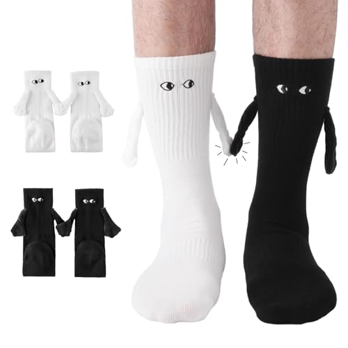 PRAOAHEI 2 Paar Socken mit Magnetischen Händen 42-46 Personalisierte Magnetische Lustige Socks mit Händen für Pärchen Geschenke Freunde Familie Geburtstag Valentinstag Jahrestag Schwarz+Weiß