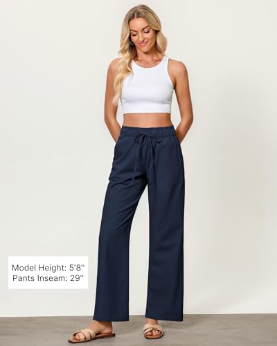 GRAPENT Linen Pants Women Wide Leg High Waisted Flowy Summer Beach Elastic Waist Pull On Baggy Palazzo Pants with Pocket4