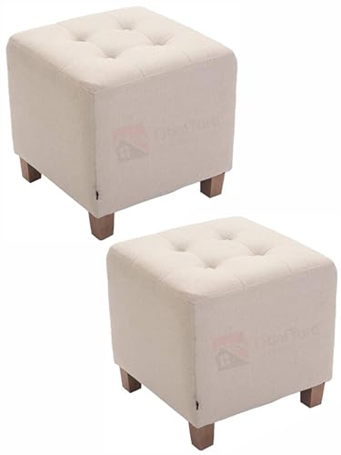Image of Pouffes Bench Seating Stool for Living Room Office Patio Kitchen Bench Puffy Wooden Mudda Ottoman Stools Set of 2 Footrest Stool Pouf.(Cream)