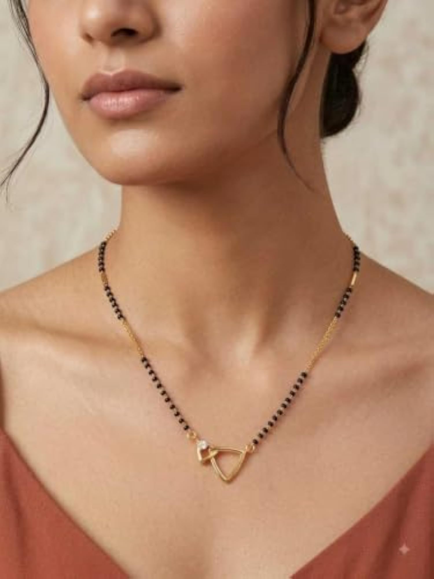 Gold-Toned Mangalsutra with Black Beads & Diamond-Style Pendant