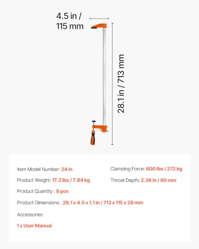 Image of VEVOR Bar Clamps for Woodworking, 8-Pack, 24 inch Opening F Clamps, 600 lbs Load Limit, with Plastic Pad and Self-Locking Design, Premium Cast Iron and Carbon Steel, for Wood Working and Metal Working