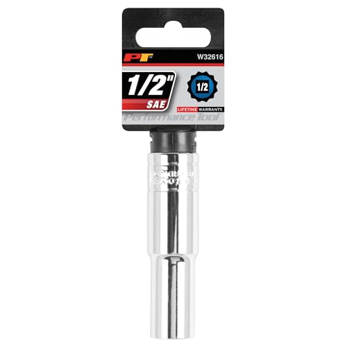 Image of Performance Tool W32616 1 /2 in. Drive 1 /2 in. 12-Point Deep Socket | Chrome vanadium steel resists corrosion. Recessed edges reduce fastener rounding. Large size stamping