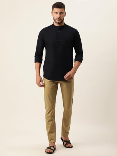 Image of KRYPTIC Men's Full Sleeve Regular Fit Short Kurta in Premium Pure Cotton with Patch Pocket and Mandarin Collar - Perfect Blend of Style and Comfort