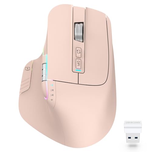 LeadsaiL Wireless Mouse for Laptop, 2.4G Rechargeable Bluetooth5.2 Computer Mouse, Controlling 4 Devices, Up to 3200DPI, Ergonomic Optical Mouse for PC, Notebook, Pink -  LX-015-Pink