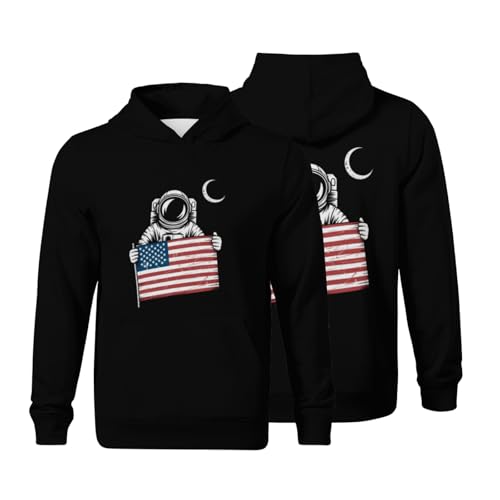 Kids American Flag - Astronaut Distressed Design Boys Girls Lightweight Kangaroo Pocket Fleece Hoodies